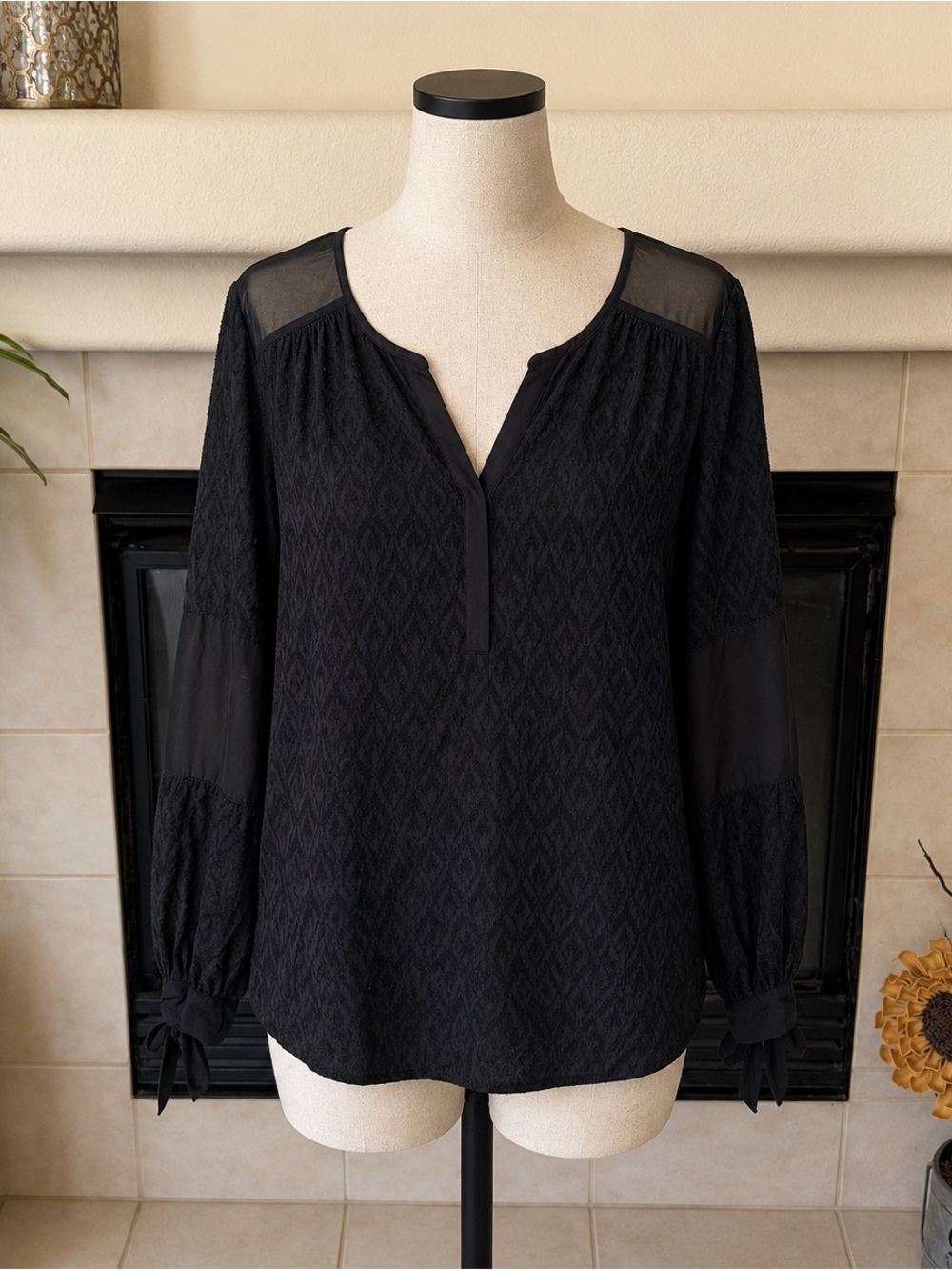 Rebecca Taylor Black Textured Sheer-Panel Blouse